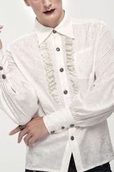 Chemise Homme à Motif Imprimé en Dentelle Plissée à Manches Longues avec Boucle à Motif Métal Gothique Blanc en Forme de Lanterne